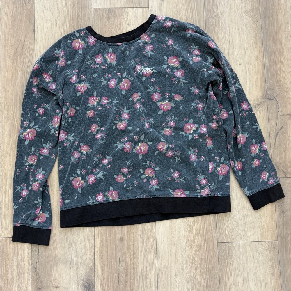 Vans Black Crewneck Sweater with Pink Floral Print